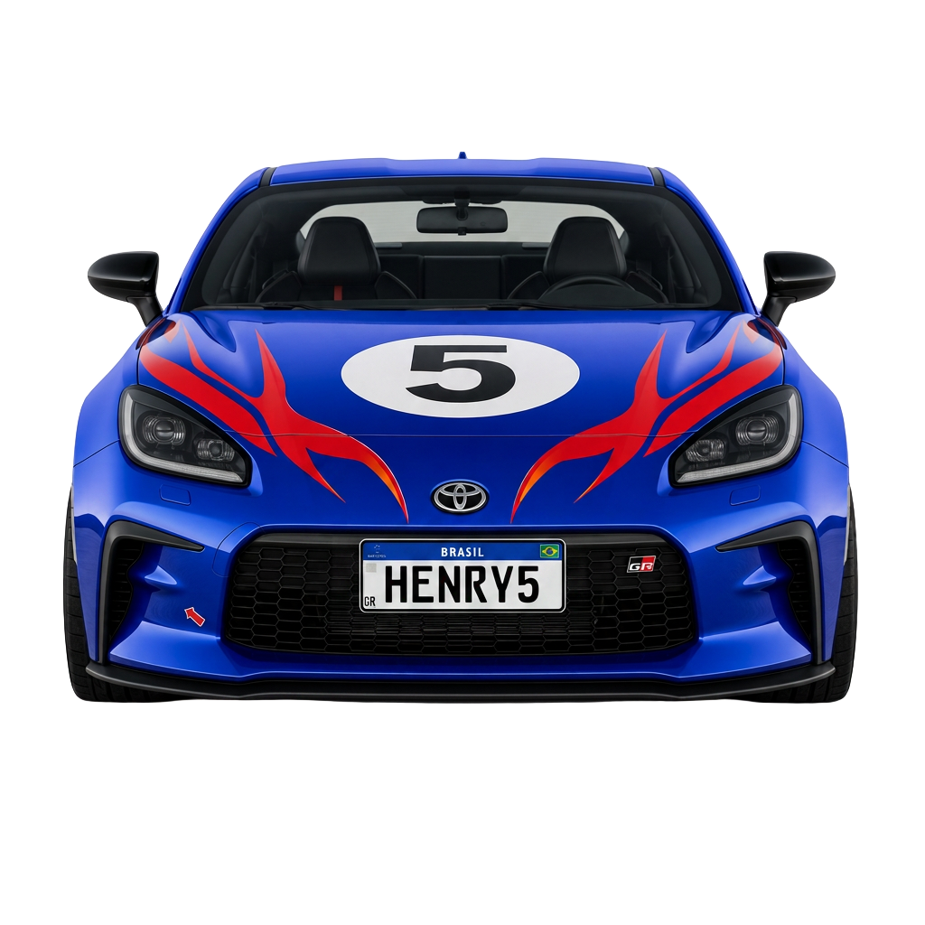 Carro de corrida azul com placa HENRY5 visto de frente na festa de 5 anos do Henry